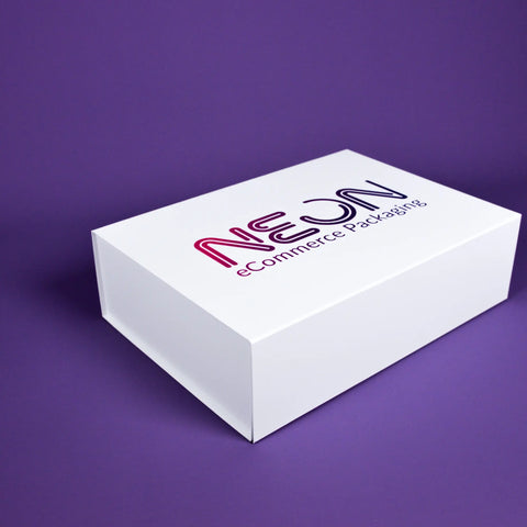 white gift box printed with NEON logo at the top