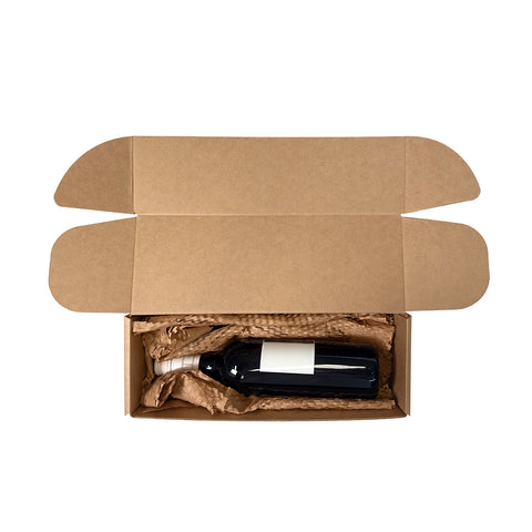 one bottle brown wine box with bottle of wine inside