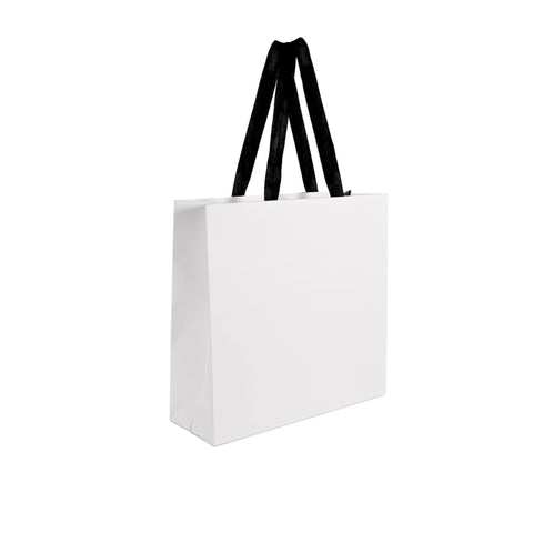 Premium white paper bag with strong woven handle from NEON Packaging