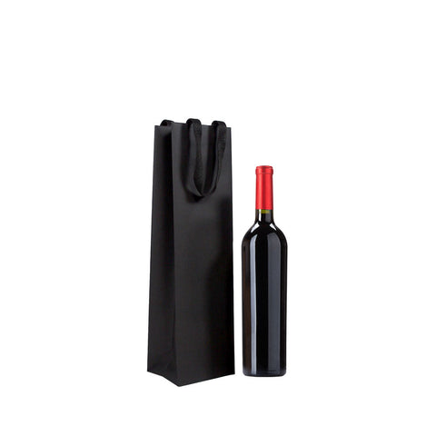 black premium wine paper gift bag - side view with wine bottle | NEON Packaging